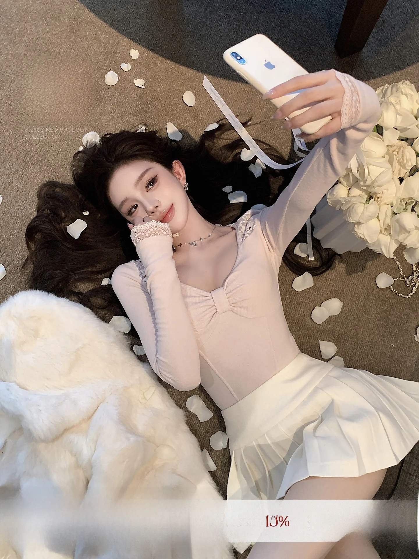 

Белая двусторонняя вязаная кофта с V-образным вырезом и кружевом для женщин, зимний элегантный повседневный топ с длинным рукавом и узлом