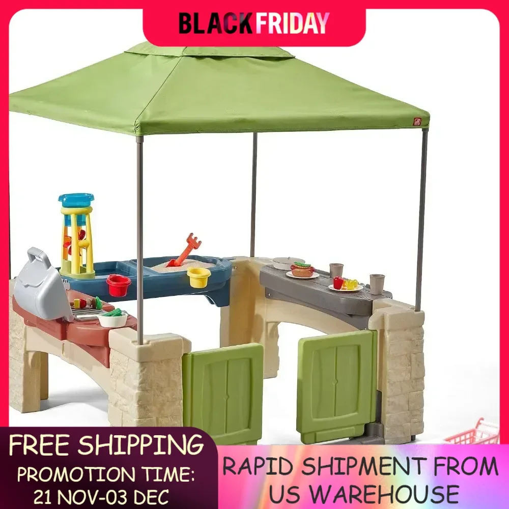 All Around Playtime Patio with Canopy, Kid Indoor and Outdoor Kitchen Playset, Sensory Playhouse,2+ years old, Easy Assembly