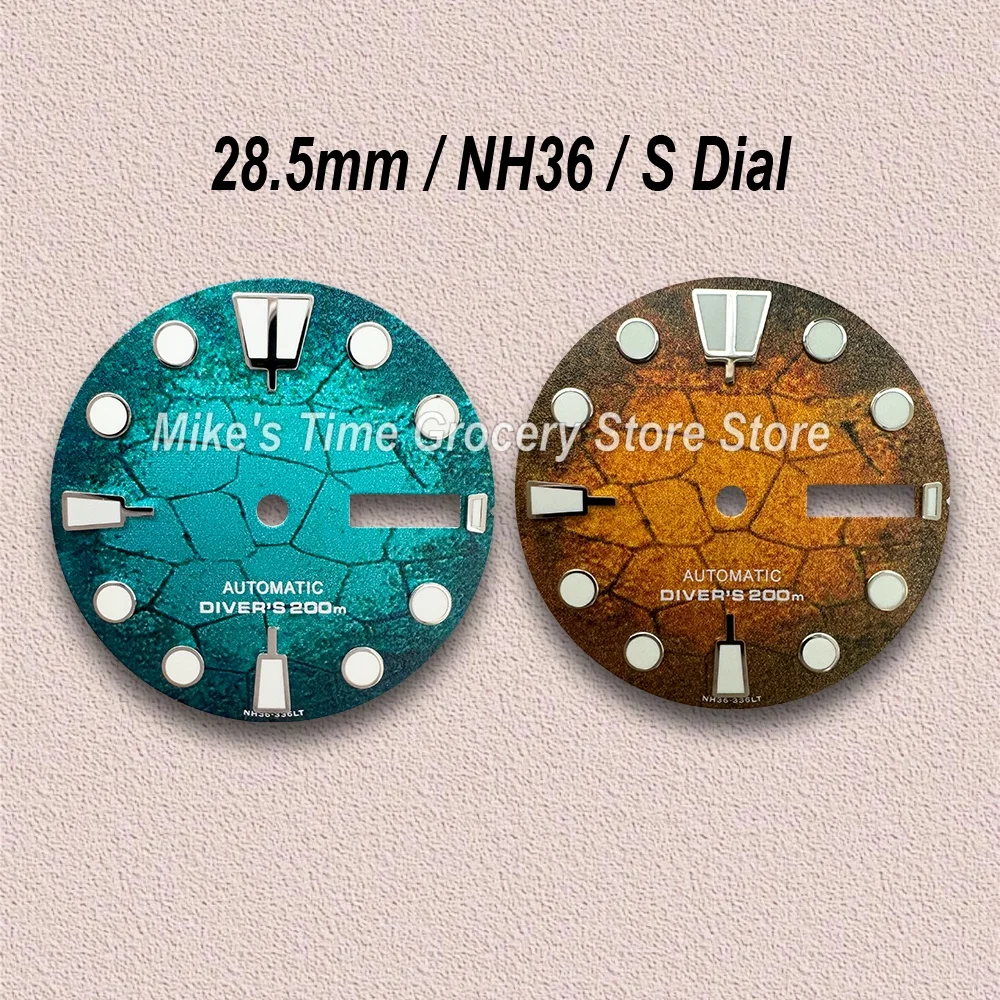 28.5mm Diving S Dial for NH35/NH36/4R/7S Movements Green Luminous Tree Leaves Dual Calendar Watch Modification Accessories