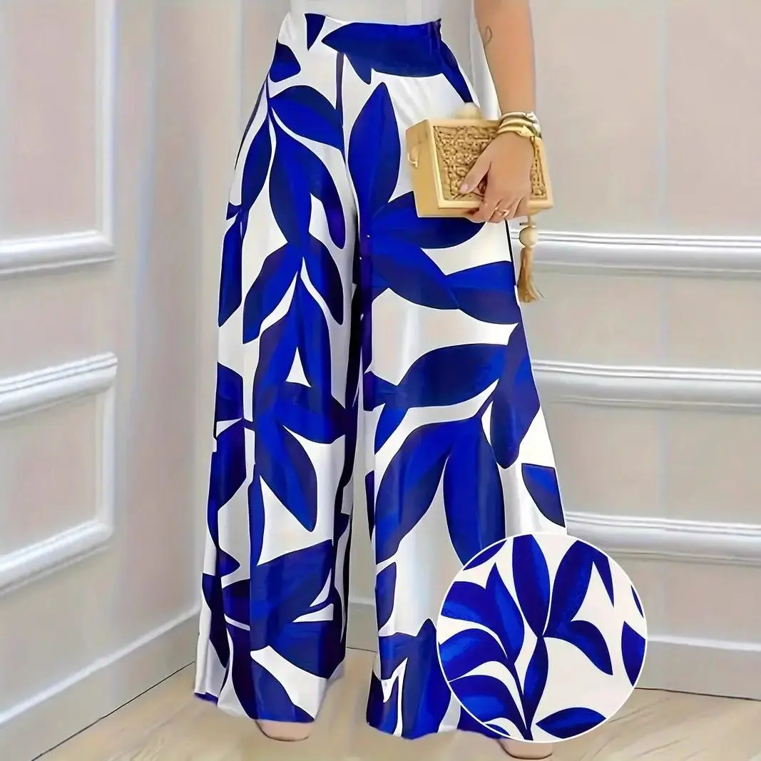 Fashionable Leaf Print High Waist Wide Leg Casual Pants Women's New 2025 Cross-Border Independent Station Style Polyester Fiber