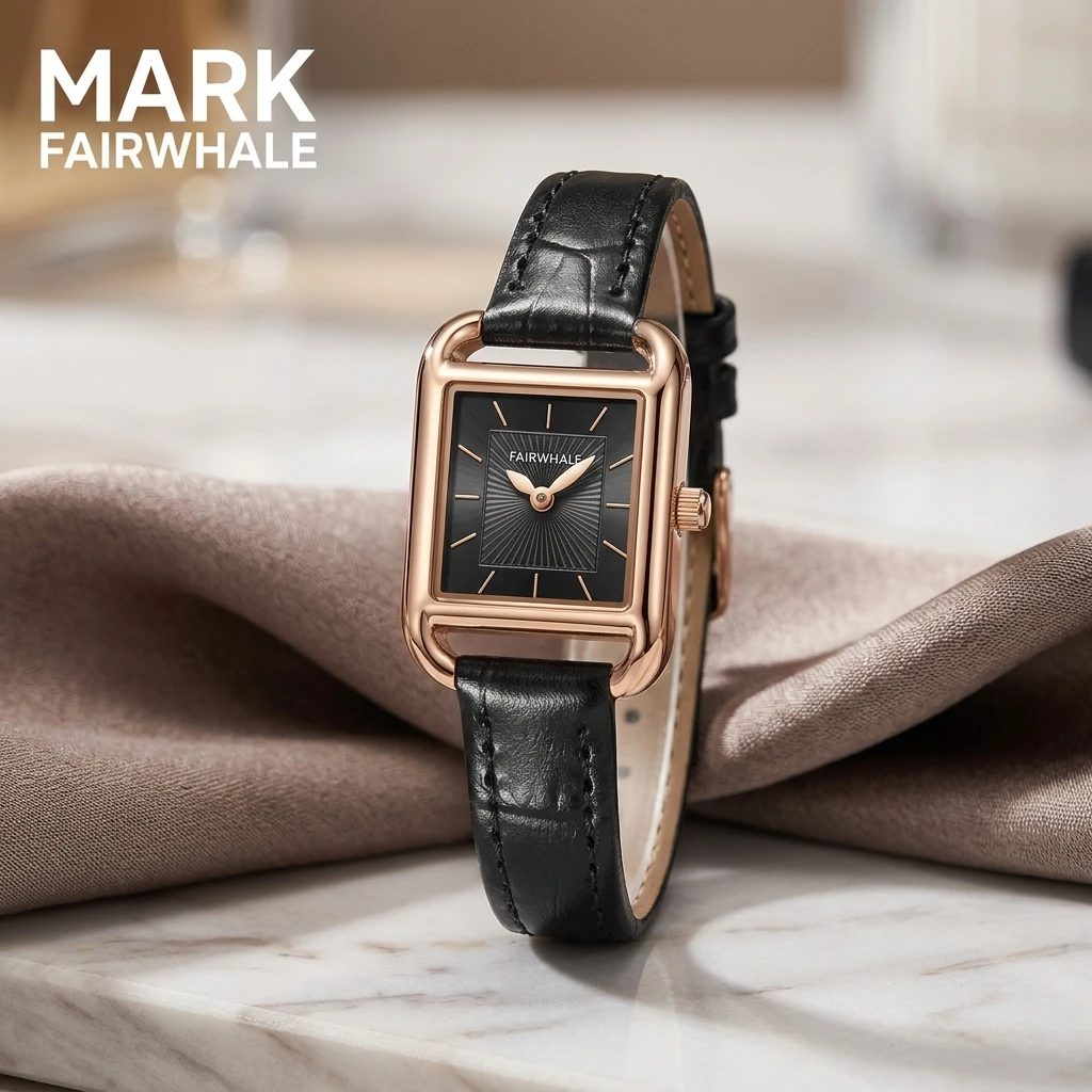 Fashion Female Quartz Watch Mark Fairwhale Retro Square Openwork Frame Sunray Dial Stitched Leather Bracelet Ladies Wristwatch
