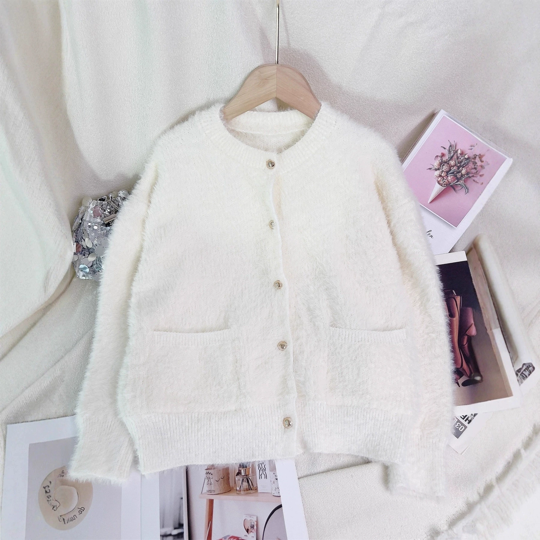 

Solid color waterproof mink fur fashionable knitted cardigan round neck chic street style elegant women's sweater