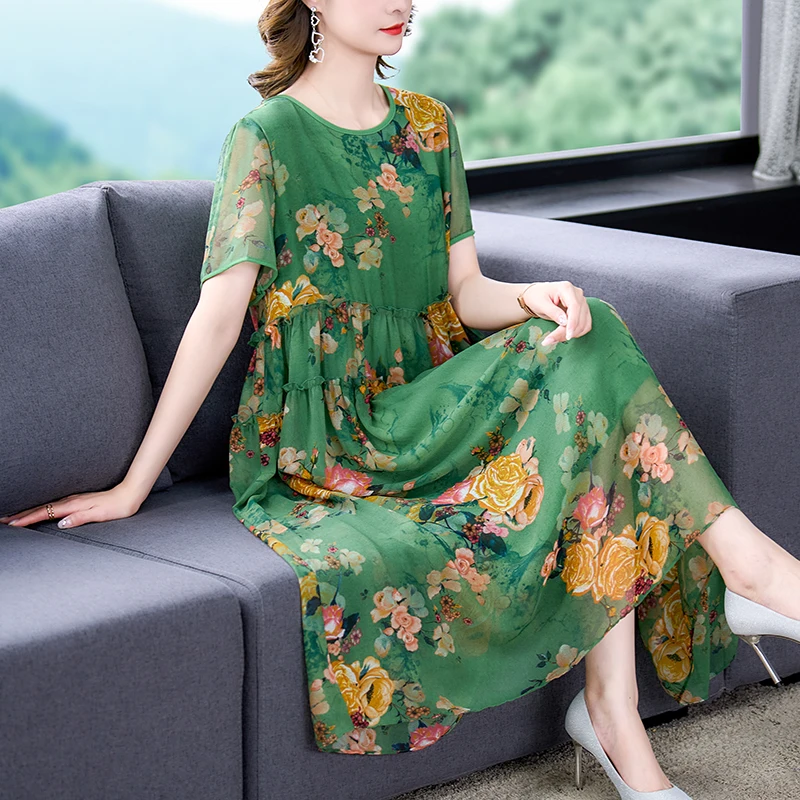 2024 Floral Natural Silk Midi Dress Summer Short Sleeve Fashion Light Beach Sundress Women Korean Elegant Bodycon Party Dresses