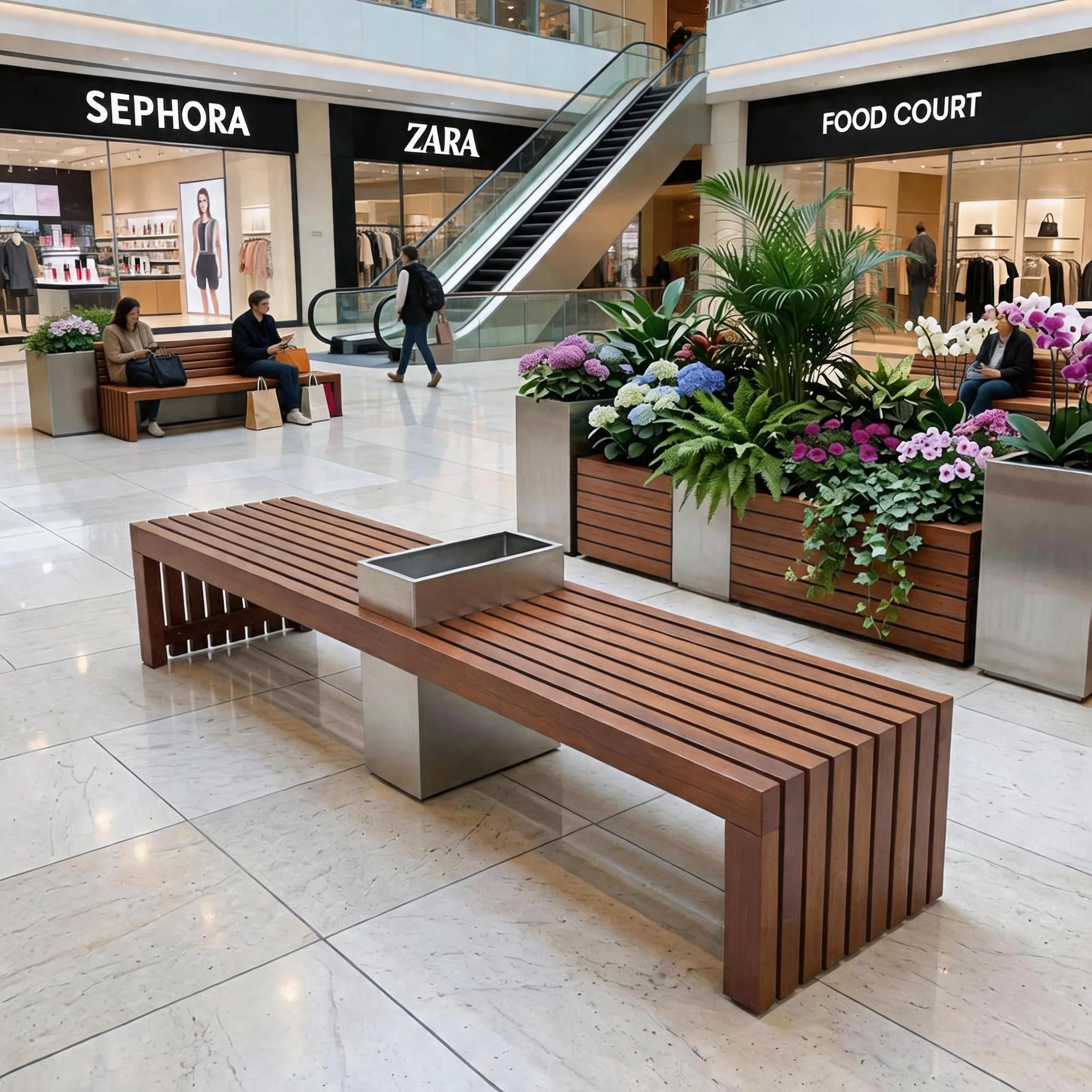 Modern Commercial Outdoor Stainless Steel & Solid Wood Patio Waiting Bench With Heavy Duty Design ForCafé
