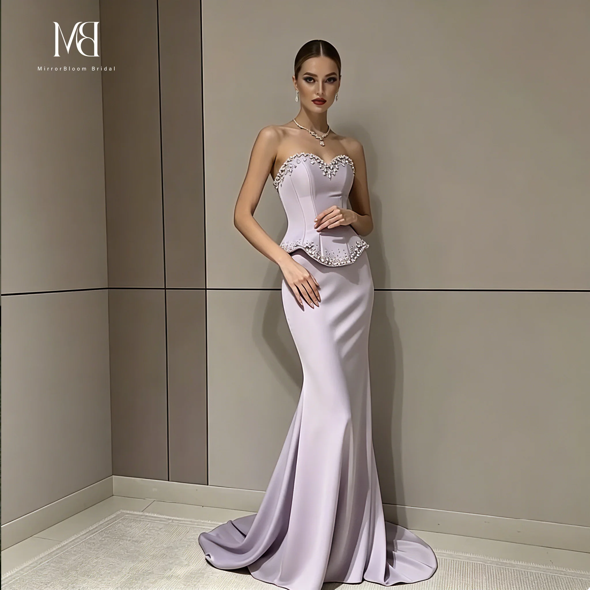 Customized Lavender Strapless Sweetheart Evening Gown Beaded Floor Length Mermaid Dress Formal Party Gown Wedding Prom Dress - view 2