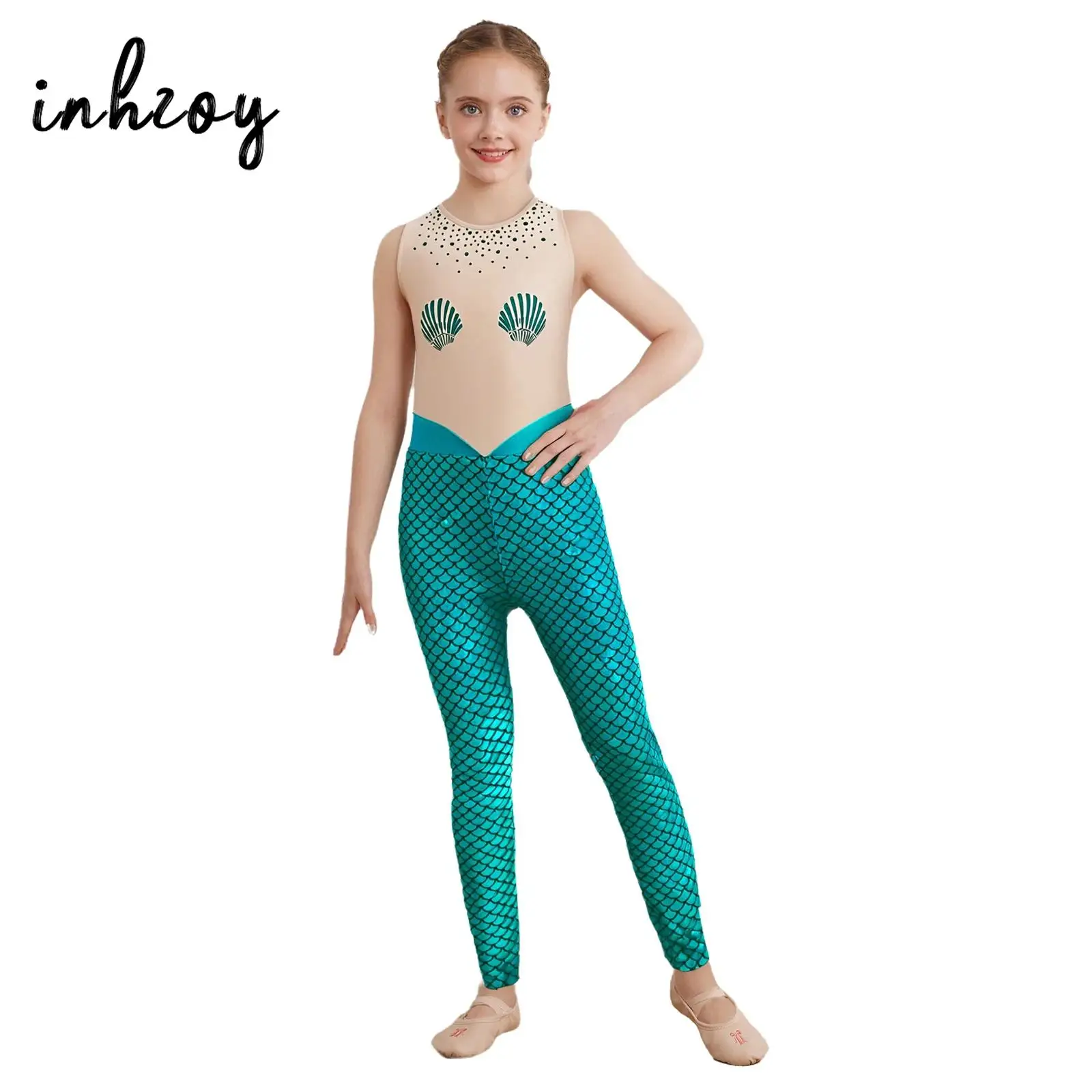 

Girls Mermaid Halloween Costume Sparkly Scale Print Dance Unitard Sleeveless Jumpsuit for School Show & Swim Party