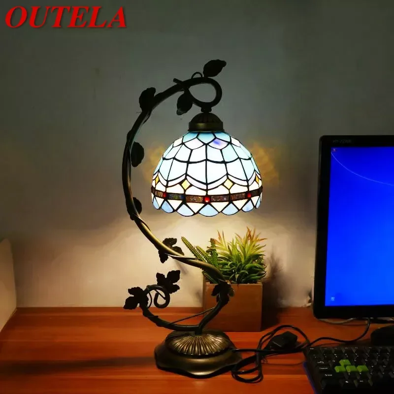 

OUTELA Tiffany Table Lamp American Retro Living Room Bedroom Lamp Luxurious Villa Hotel Stained Glass Desk Lamp