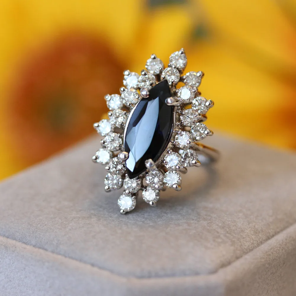 2CT 12x6MM Black Marquise D VVS1 Moissanite Ring GRA Certified Pass Diamond Tester Round Brilliant Lab Diamond Halo S925 Silver White Gold Plated Jewelry For Women Engagement Wedding Anniversary Gift view 3