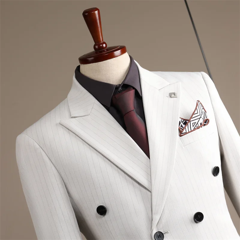 (16) High-end double-breasted striped suit for men, casual dress