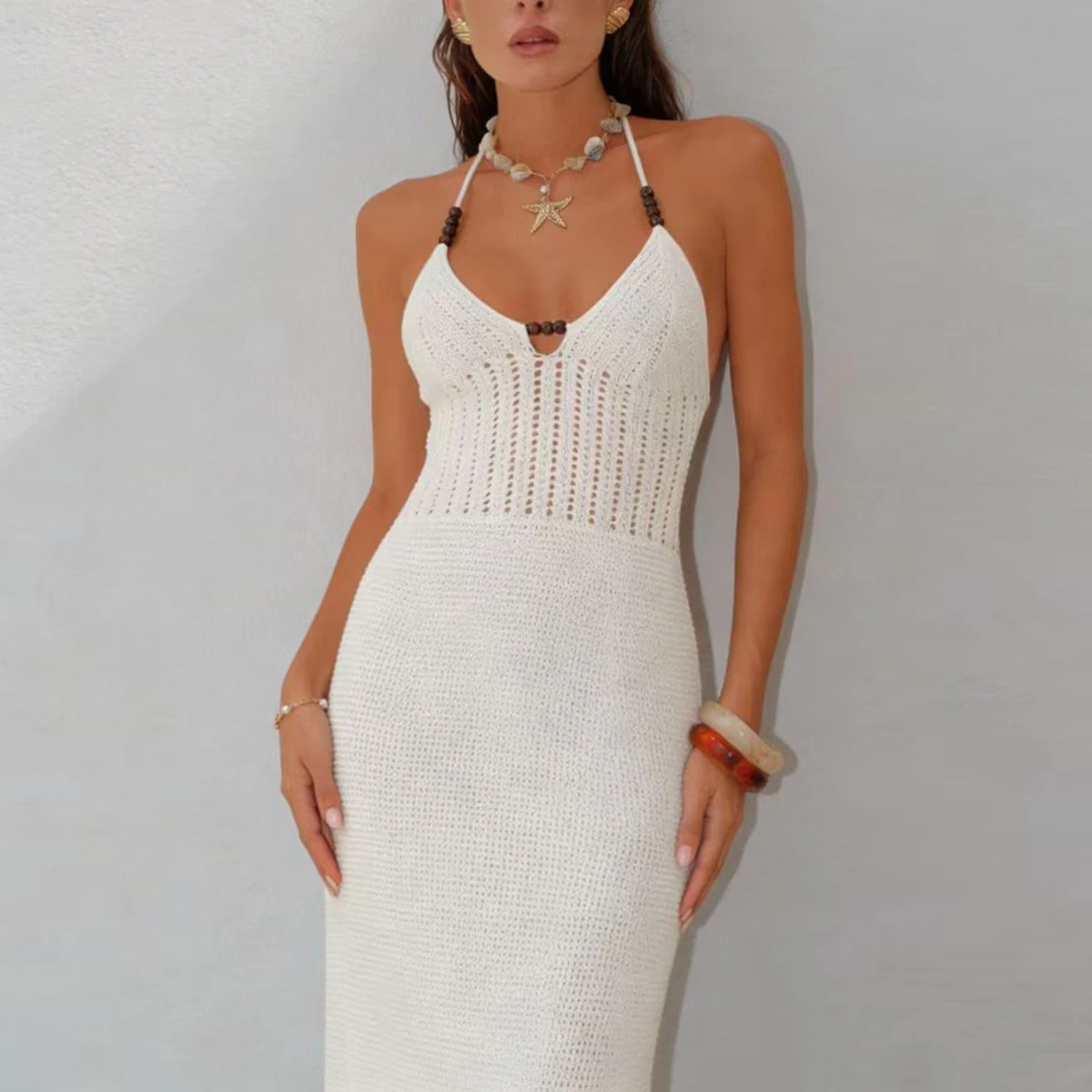 

Beach Vacation Party Outing Knitted Hollow Out Dress,Beaded Halter Tie Up Bikini Cover-Up Dress,Summer Fashion,Elegant Style