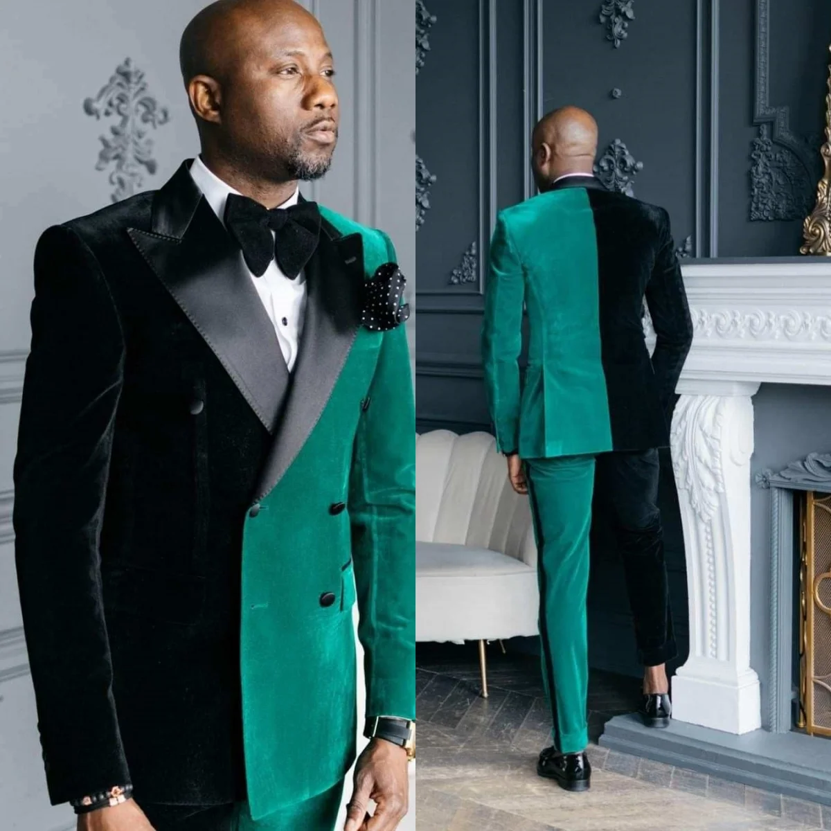 Trajes para hombre de Color verde y negro, 2 piezas, solapa con visera, esmoquin para novio de boda, fiesta, chaquetas de terciopelo para graduación, disfraz para hombre