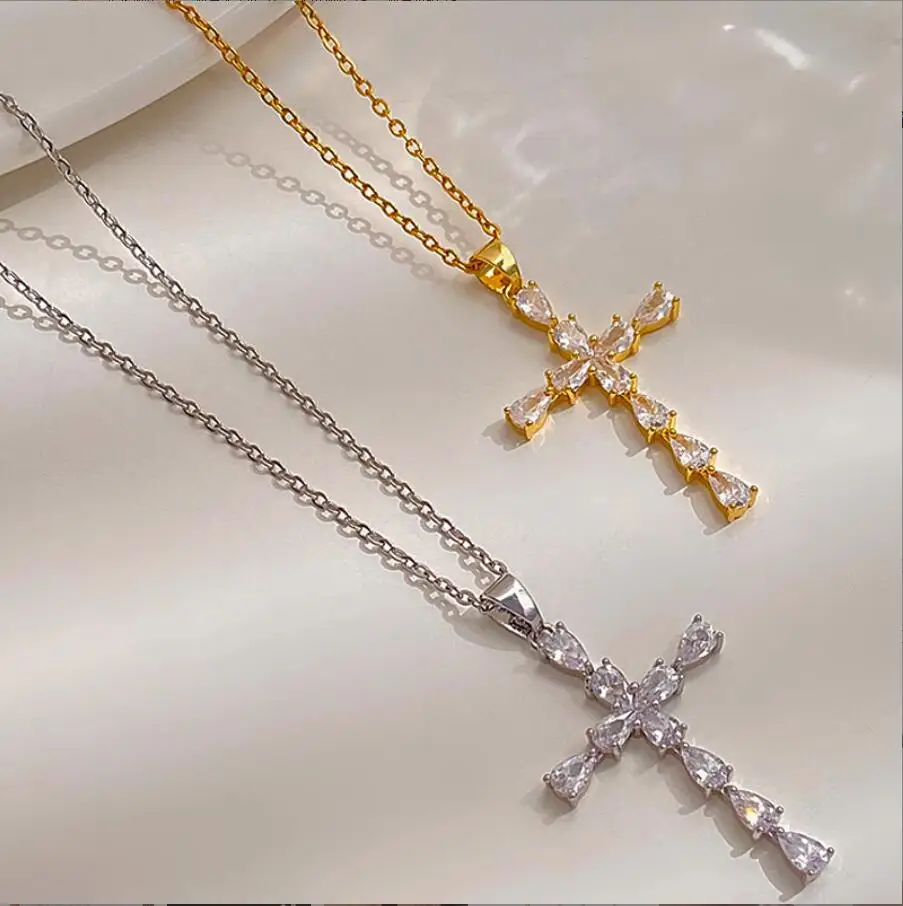 1PC ashion Sparkling Crystal Zircon Cross Pendant  For Women Girls Metal Cross Thin Chain Choker Party Jewelry F1995