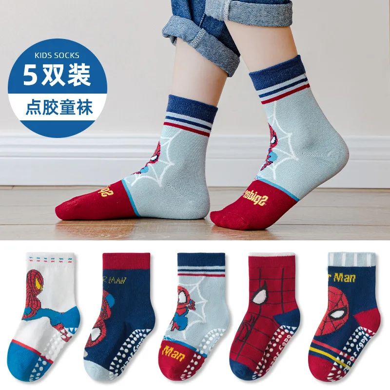 5 Pairs Marvel Socks Spider-Man Kawaii Anime Children Mid-calf Socks Non-slip Floor Trampoline Cotton Sock for Girls Boy Gifts