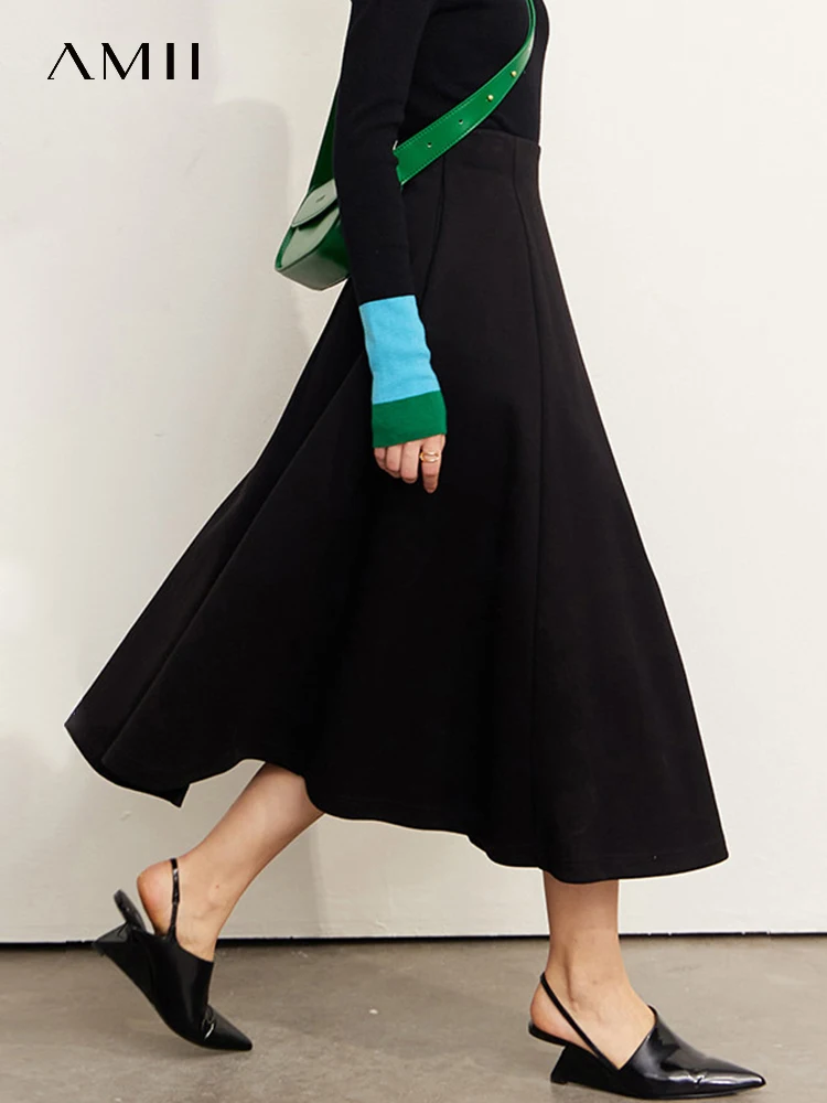 AMII Minimalism A-line Black Skirt Women  Autumn 2022 New Solid Fashion Elegant High Waist Slim Long Umbrella Skirt 12270424