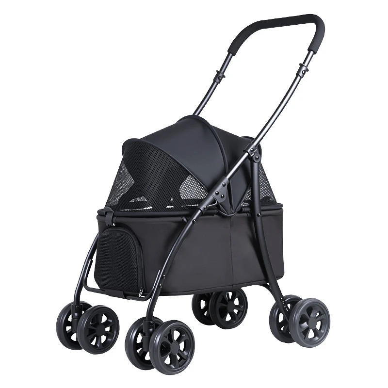 4-Wheel Foldable Pet Stroller with Low 19cm Chassis, Shock-Absorbing 360° Swivel Wheels, Breathable Mesh Windows & Storage Pocket, One-Click Folding Travel Cart for Small Medium Dogs & Cats
