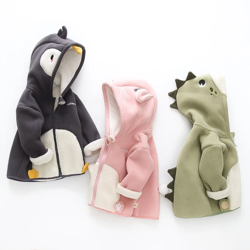 Girls Boys Clothes Velvet Coat Autumn Winter Style Childrens Clothing Baby Flocking Hood Tops Animal Cartoon Letter Coat Kids