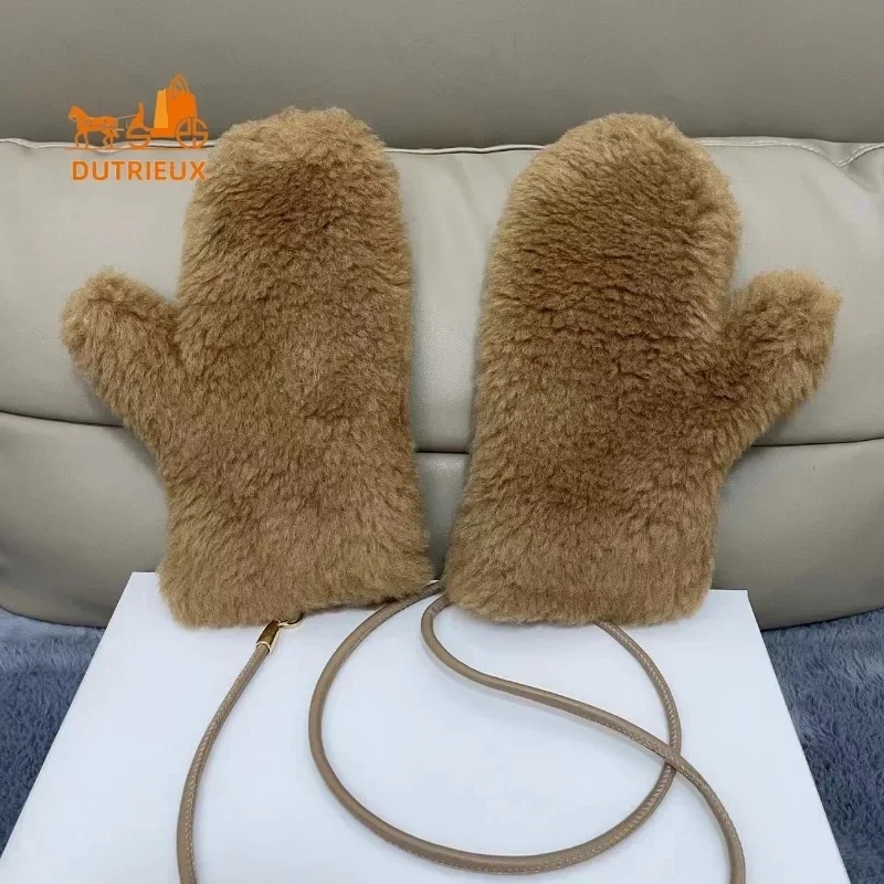 Winter 2024 New Teddy Gloves for Women, Cashmere Wool Real Fur Gloves Hanging Neck Fashion Unisex Plush Warm Gloves for Women