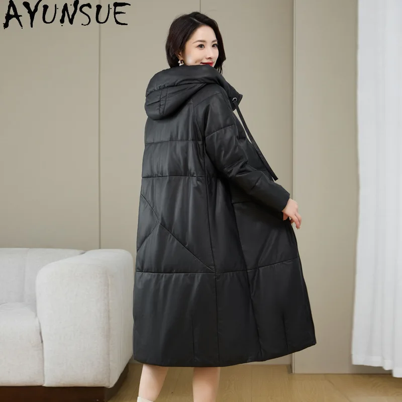 AYUNSUE véritable peau de mouton en cuir véritable doudoune femmes vêtements d'hiver nouveau dans Ouerwears 2025 Long blanc canard vers le bas manteau à capuche