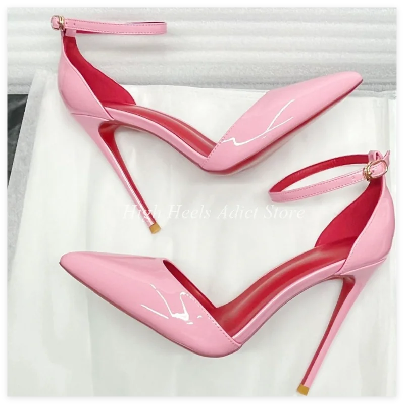 Baby Pink Patent Leather Sexy Ankle Strap Pumps Black/White/Nude Pointed Toe High Heels Good Quality Big Size Party Shoes