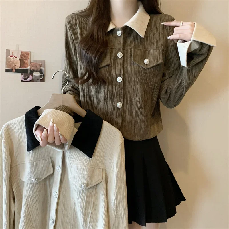 2024 Autumn Winter New Contrast Color Lapel Shirts & Blouses Casual Tops Youth Woman Blouse Women Lady Super Offers Loose Shirt