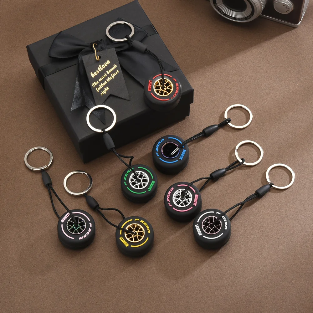 Gift Box + 7 color F1 Tire Keychains Charm Luxury Racing Type Tire Pendant Set  Racing Lovers Collectibles Unisex Car Key Ring