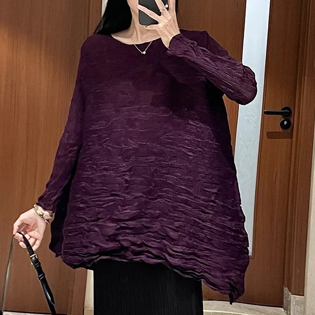 

2025 Women's Pleated Top Deep Purple Round Neck Oversized Blouse Long Sleeve Loose Fit Casual Daily Fashion Comfortable Outfit