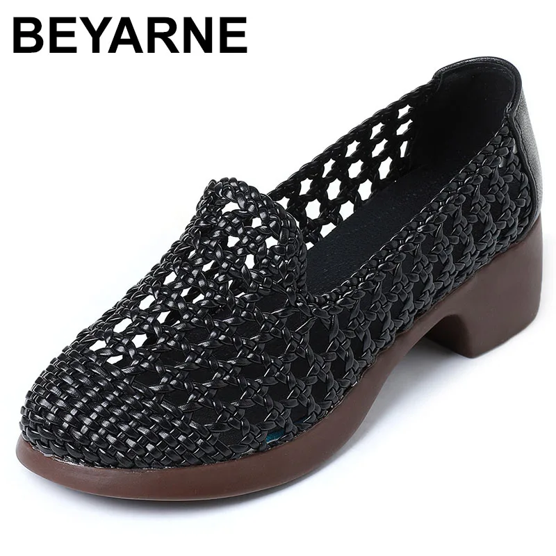 

Summer Hollow Woven Breathable Shoes Women Sandals Big Size Thick Heels Genuine Leather Shoes Summer Casual Sandals