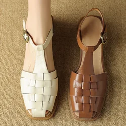 Women's cow leather narrow band braided t-strap flats sandals round toe casual female summer sandals shoes for woman large size