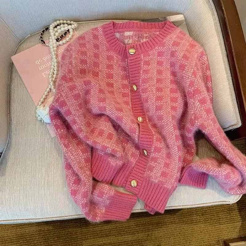 

Autumn and winter new long-sleeve knitted plaid button coat sweet cardigan sweater