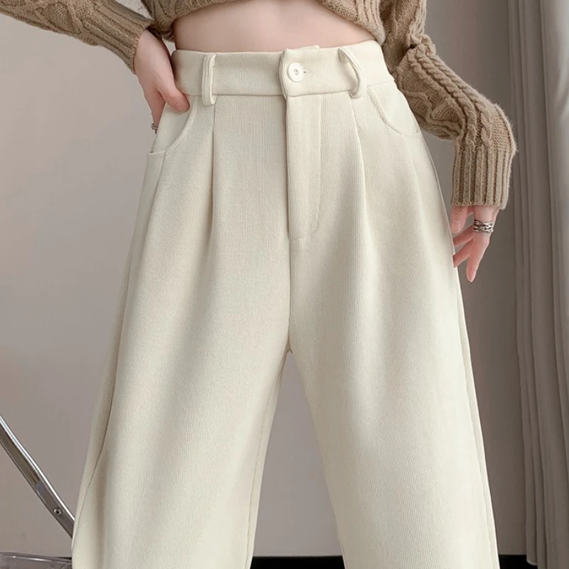 الخريف الشتاء عالية الخصر المخملية المرأة بنطال ذو قصة أرجل واسعة جيوب 2025 جديد زر واحد الكورية بناطيل فضفاضة غير رسمية الإناث #1