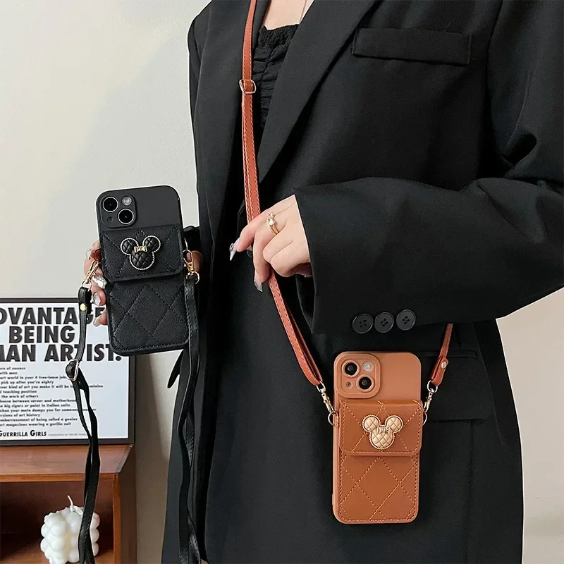 Etui portfel ze skóry z motywem kreskówkowym i diamentami na Samsung Galaxy A56 A17 A36 A16 A06 A26 A55 A35 S25 Ultra z karty, smyczą crossbody i pokrowcem.