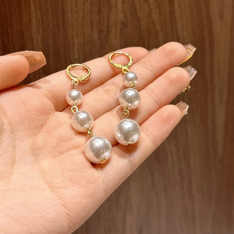White Imitation Pearl Long Dangle Earrings for Women Golden Color Metal Hoop Earrings Wedding Party Fashion Elegant Jewelry Gift