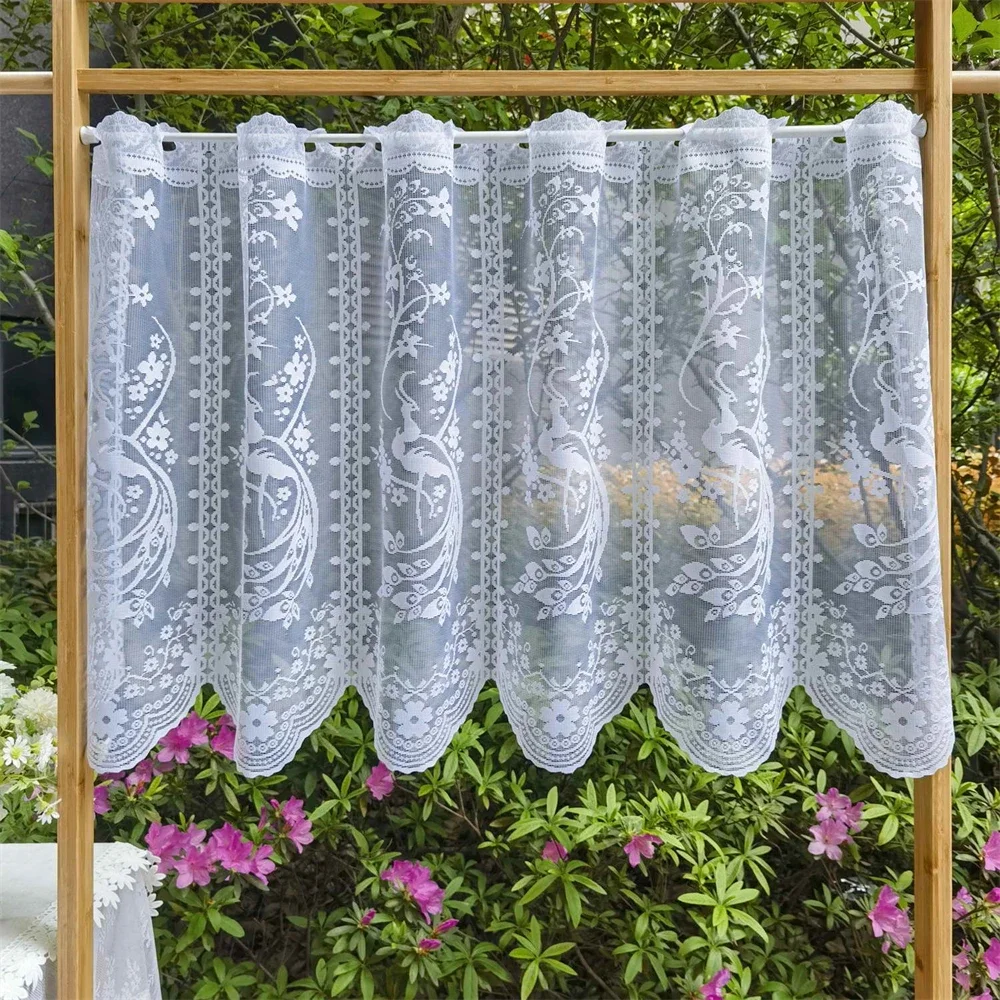 Perforated White&Black Peacock Lace Edge Short Curtain for Cabinet Door Pleated Decorative Small Voile Custom Windows Cover