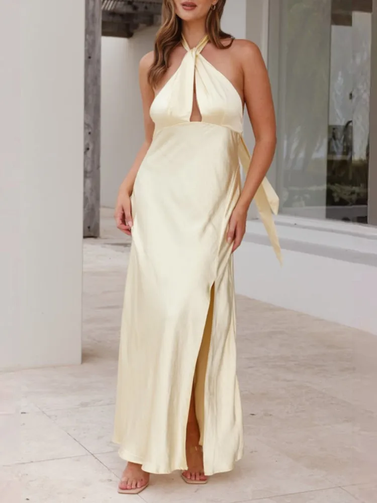 

Summer Sexy Waist Hanging Neck Split Long Sleeveless Dress Women's Elegant Style High Waist Simple Solid Color Backless Dresses
