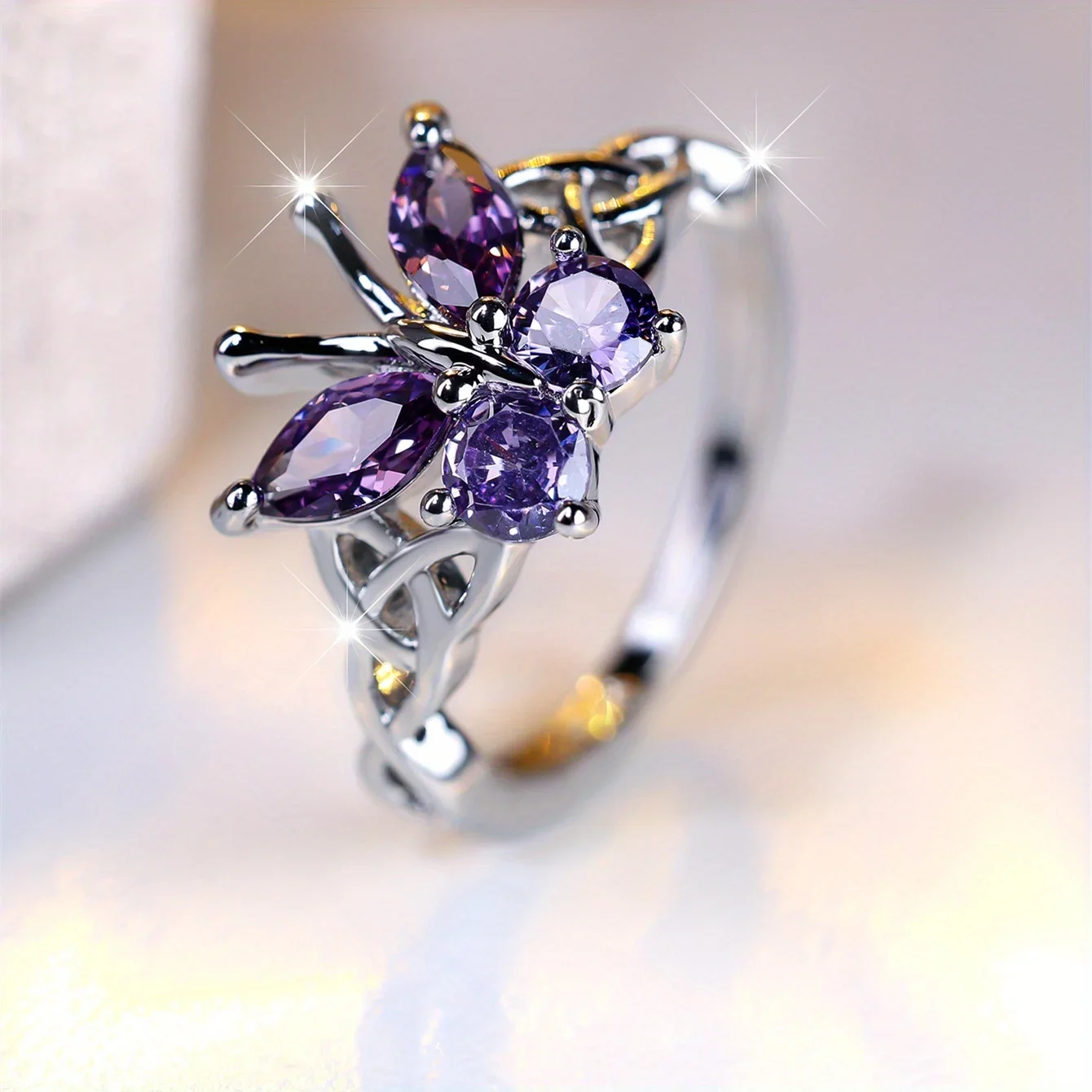 Blingbling Purple Butterfly Zircon Ring Ladies Niche Mori Style Charm Sexy Jewelry for Dating