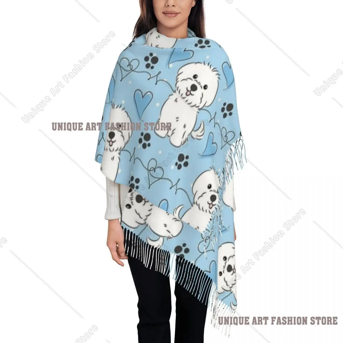 Синий шарф Love Maltese Dog для женщин, осенне-зимняя шаль, милые длинные шарфы с рисунком животного и кисточкой для вечернего платья