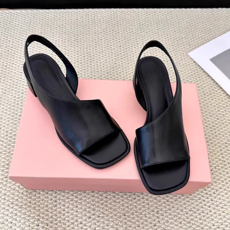 Women's Black Slingback Square Toe Sandals Faux Leather Medium Block Heel Elegant Comfortable Work Daily Non-Slip Dress Shoes