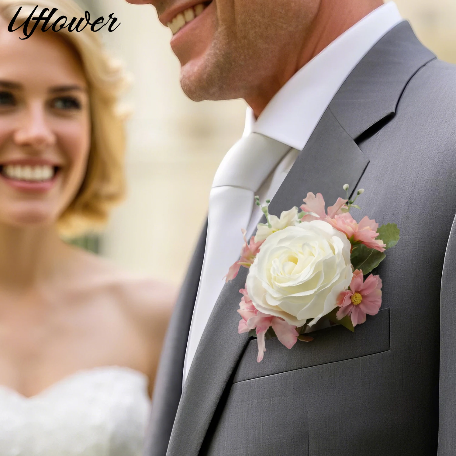 Üflower Beyaz Cep Kağıt Kartı Çiçek Damat Erkekler Düğün Dekorasyon Sahte Korsaj Çiçekler Parti Balo Töreni Yemeği Parti Dekor