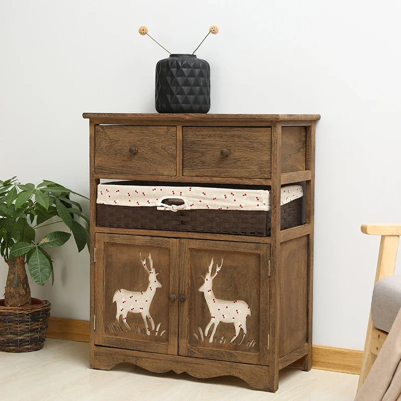 Simple Multifunctional Bedside Storage Chest of Drawers Rattan Storage Bedroom Storage Cabinet Retro Bedside Cabinet