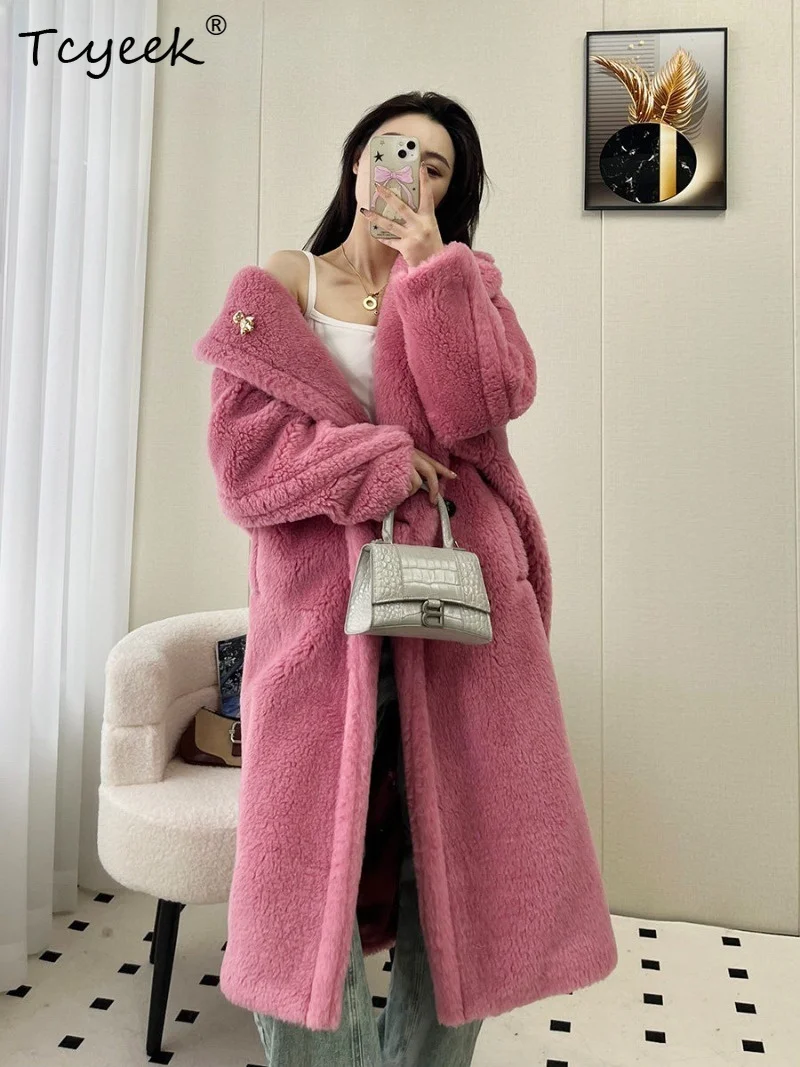 Tcyeek Teddy Bear Alpaca Wool Women Coat Mid-Length Cocoon Shape Fur Outerwear Batwing Sleeve Clothes Warm Winter Ladies Jacket