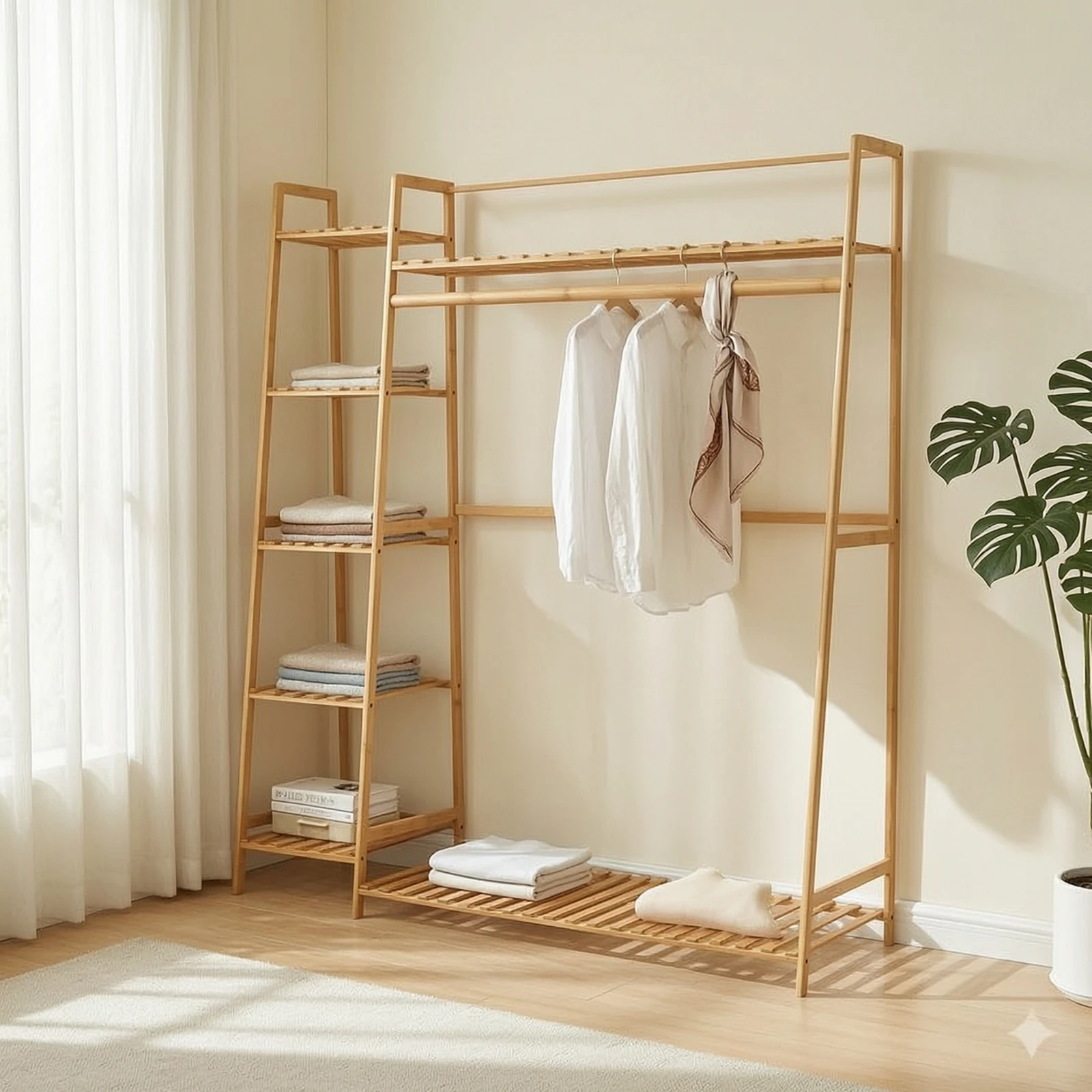 Bamboo Clothing Rack with Shelves Modern Freestanding Garment Rack with Shelves Furniture Wood for Bedroom, Walk-in Closet view 3
