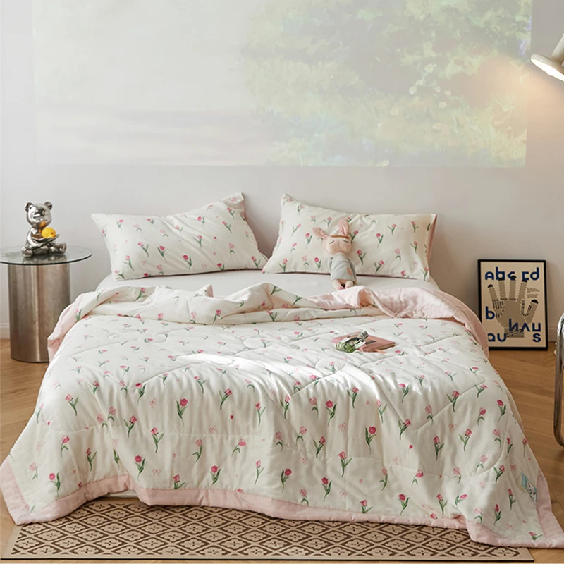 

Pure Cotton Thin Quilt American Pastoral Style Double-Layer Yarn Summer Cool Quilt Air-conditioning Thin Quilt Comfor Bedding