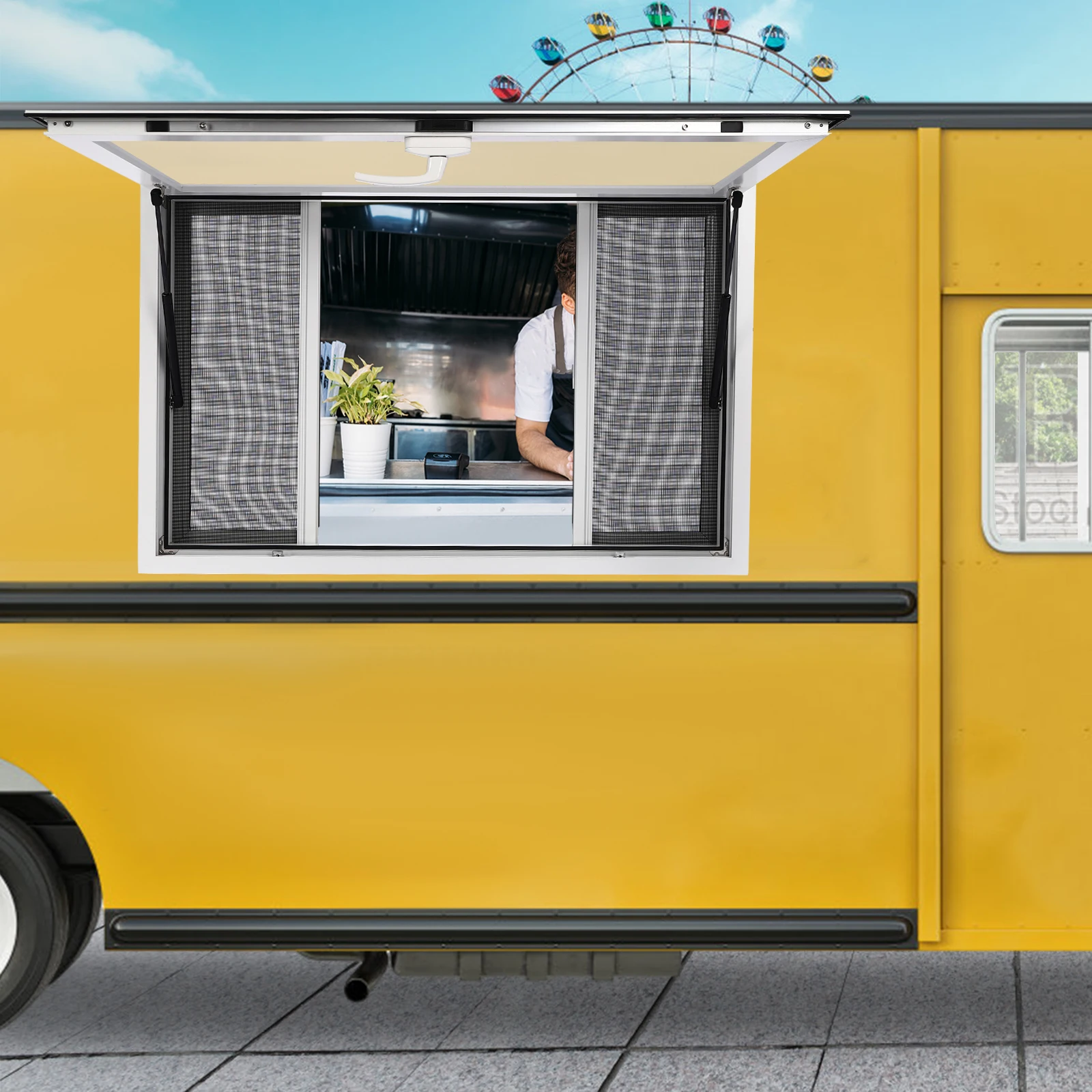 Upgrade Your Food Business!4-Screen Wall Mount Concession Window with Smooth Pneumatic Lift, Ideal for Ice Cream&Hot Dog Stands