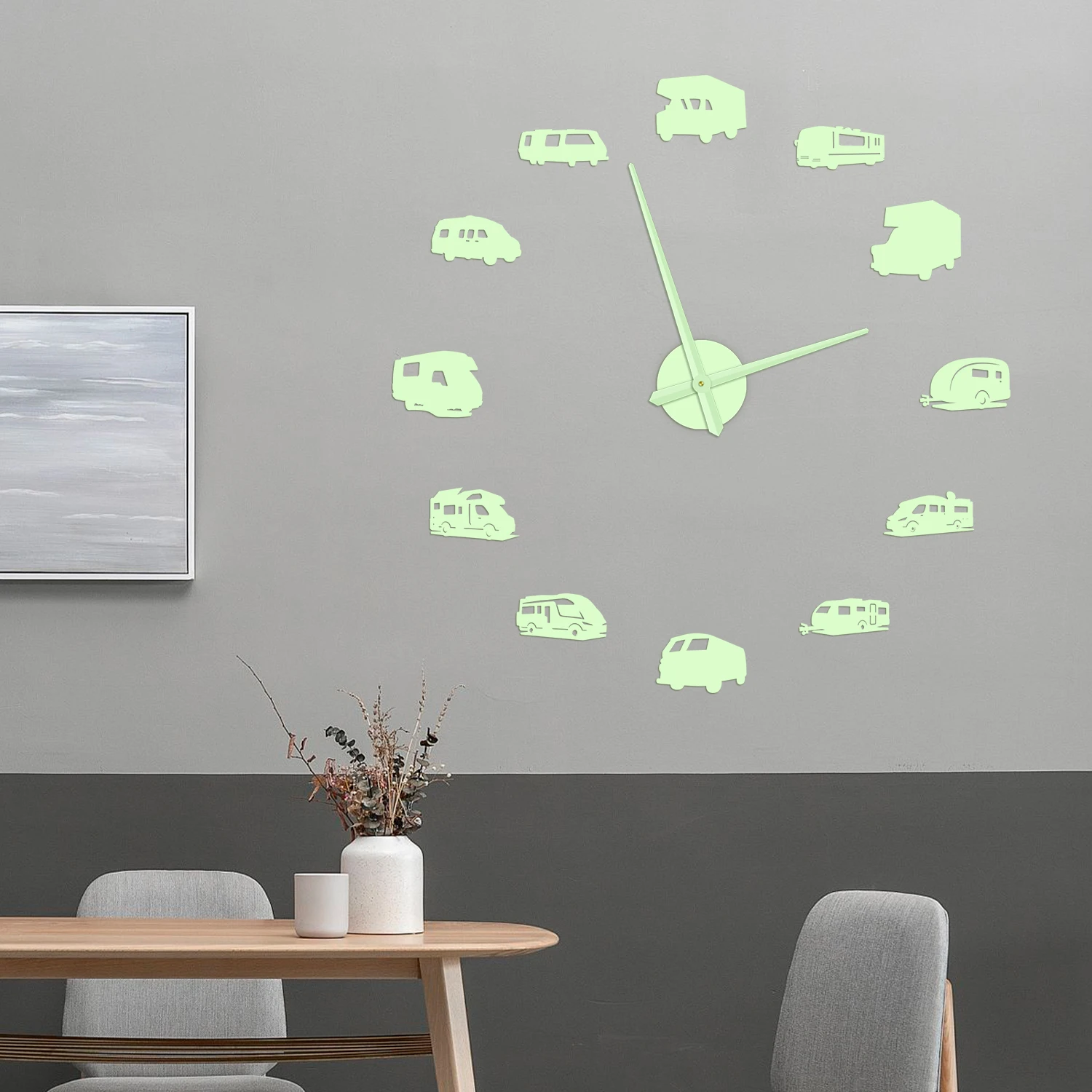 Luminous RV Camper Motorhome DIY Wall Clock Glow in Dark RV Travel Road Trip Camper Van Wall Clock with Glowing Numerals Hands view 5