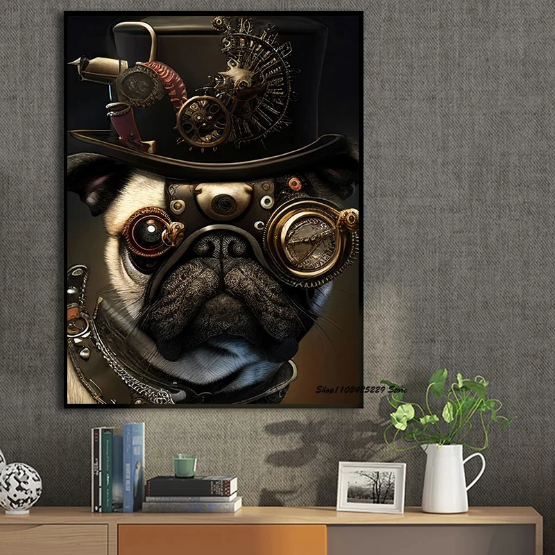 Vintage Abstract Animal Poster Steampunk French Bulldog Canvas Print Painting Vintage Wall Art Home Decoration Painting