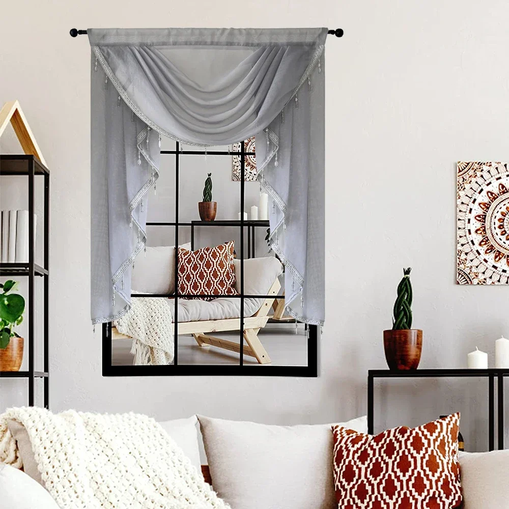 1PC Light Gray Beaded Wavy Valance Curtain Simple Rod Pocket Top Linen Tulle Waterfall Curtain for Living Room Bay Window Drapes