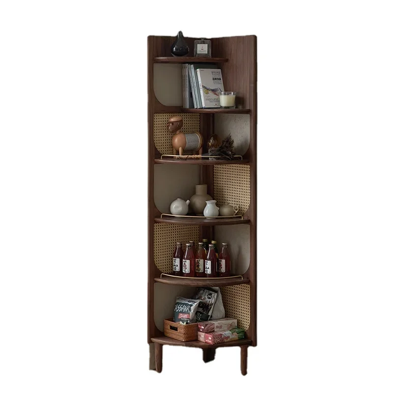 

Wyj Rattan Corner Cabinet Black Walnut Floor Bookshelf Triangle Cabinet Corner Flower Stand Side Cabinet