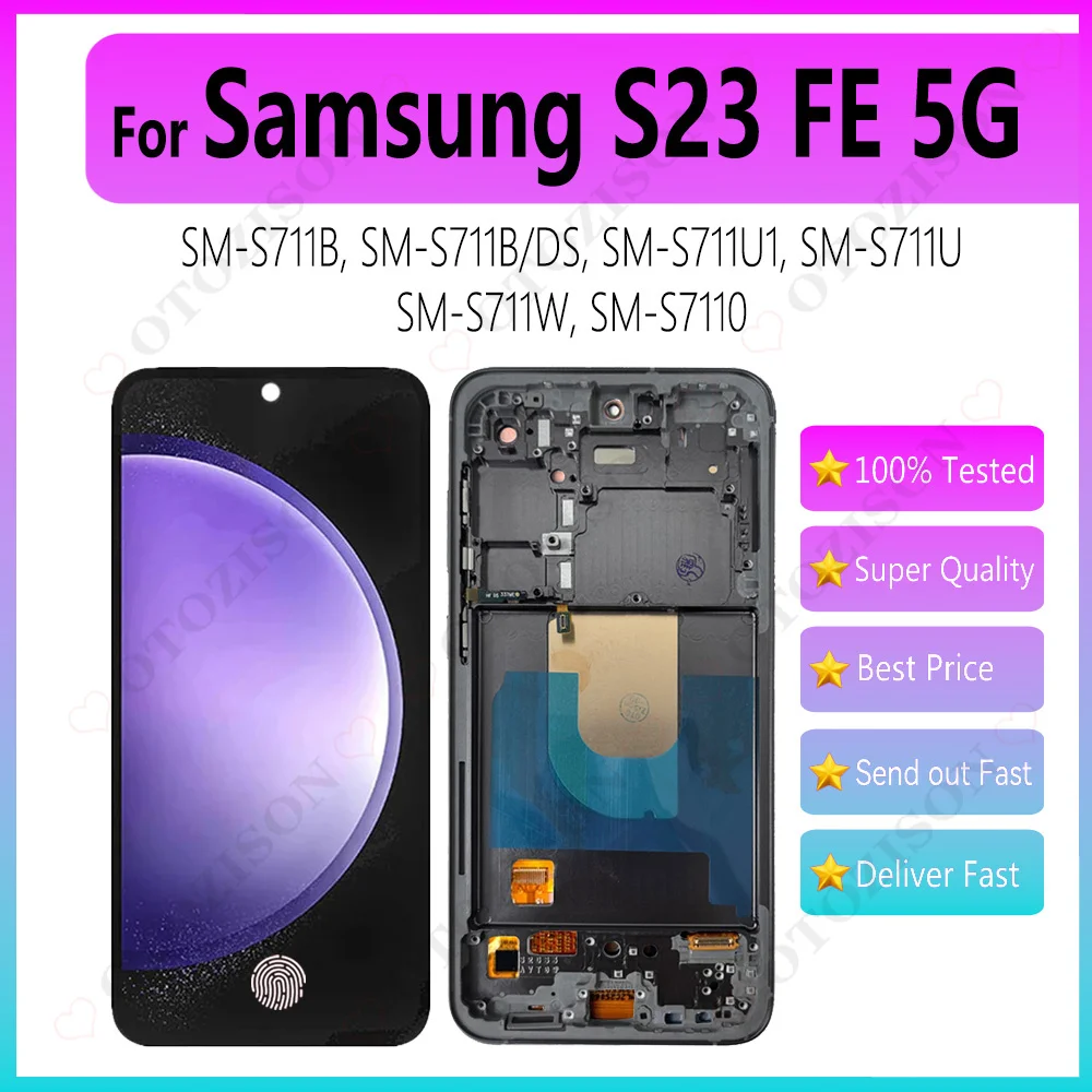 amoled-サムスンギャラクシー-samsung-galaxy-s23-fe-液晶フレーム付き-s711-ディスプレイ画面-sm-s711b-ds-sm-s711u-sm-s7110-液晶タッチデジタイザアセンブリ