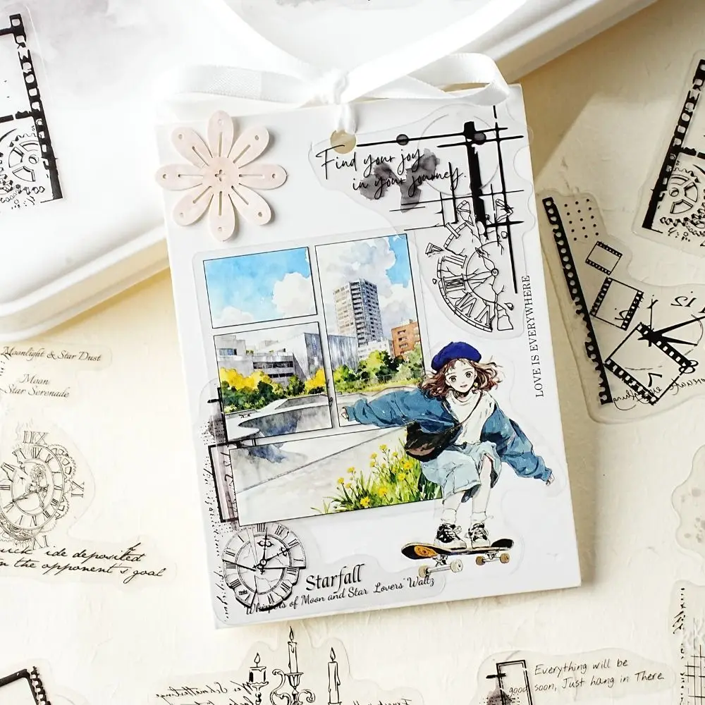 30 Sheets Sticker Set Watercolor Collage PET Old Newspaper Stickers DIY Poem Ink Mark Series Clock Journal Stickers