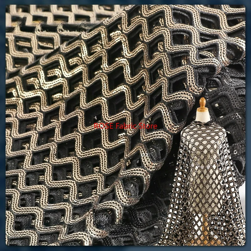 1 yard Sequin Bead Embroidered Fabric Spring Summer Lace Embroidered Mesh Dress Hollow Out Designer Sewing Fabric